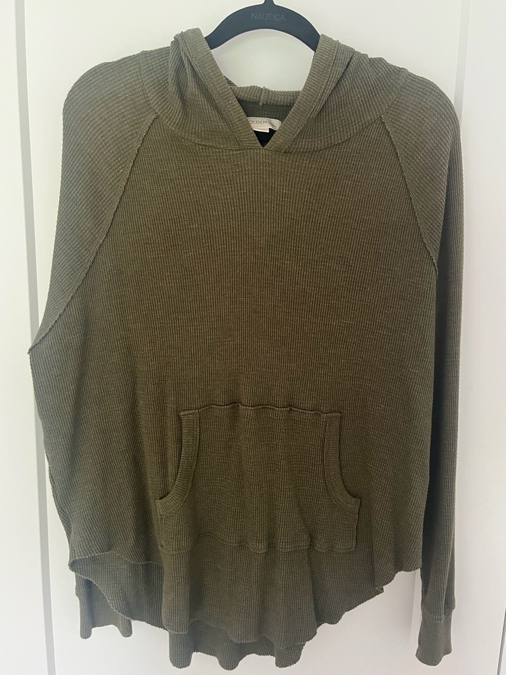 Olive Green Hoodie Waffle Knit Pullover